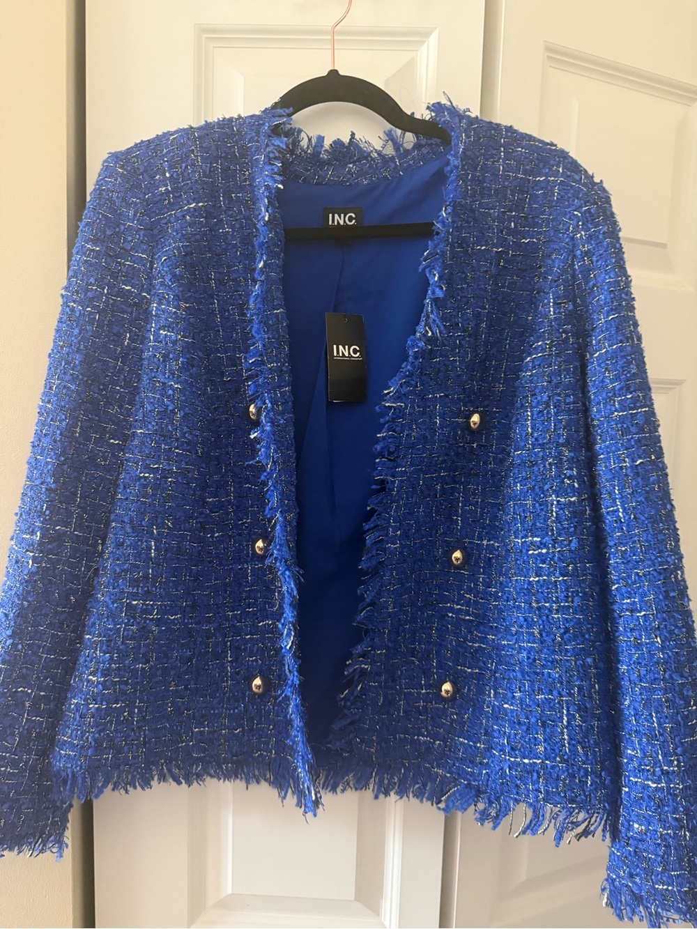 INC International Concepts Cobalt Blue Tweed Fringe Jacket with Gold Buttons